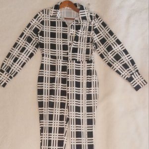 Women's plaid print button-up long sleeve jumpsuit